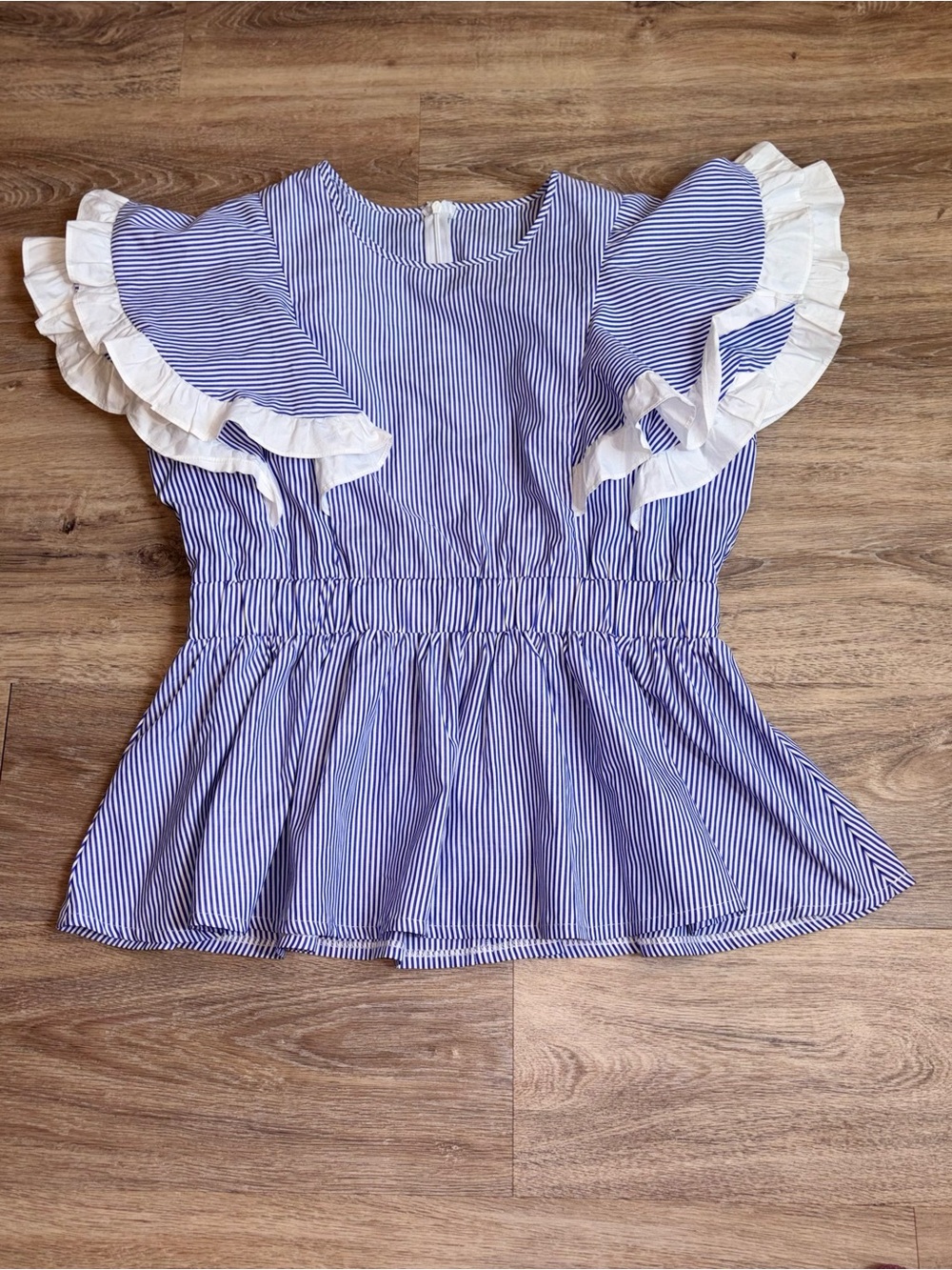 Elegant Blue & White Striped Ruffle Sleeve Peplum Top. Size Large